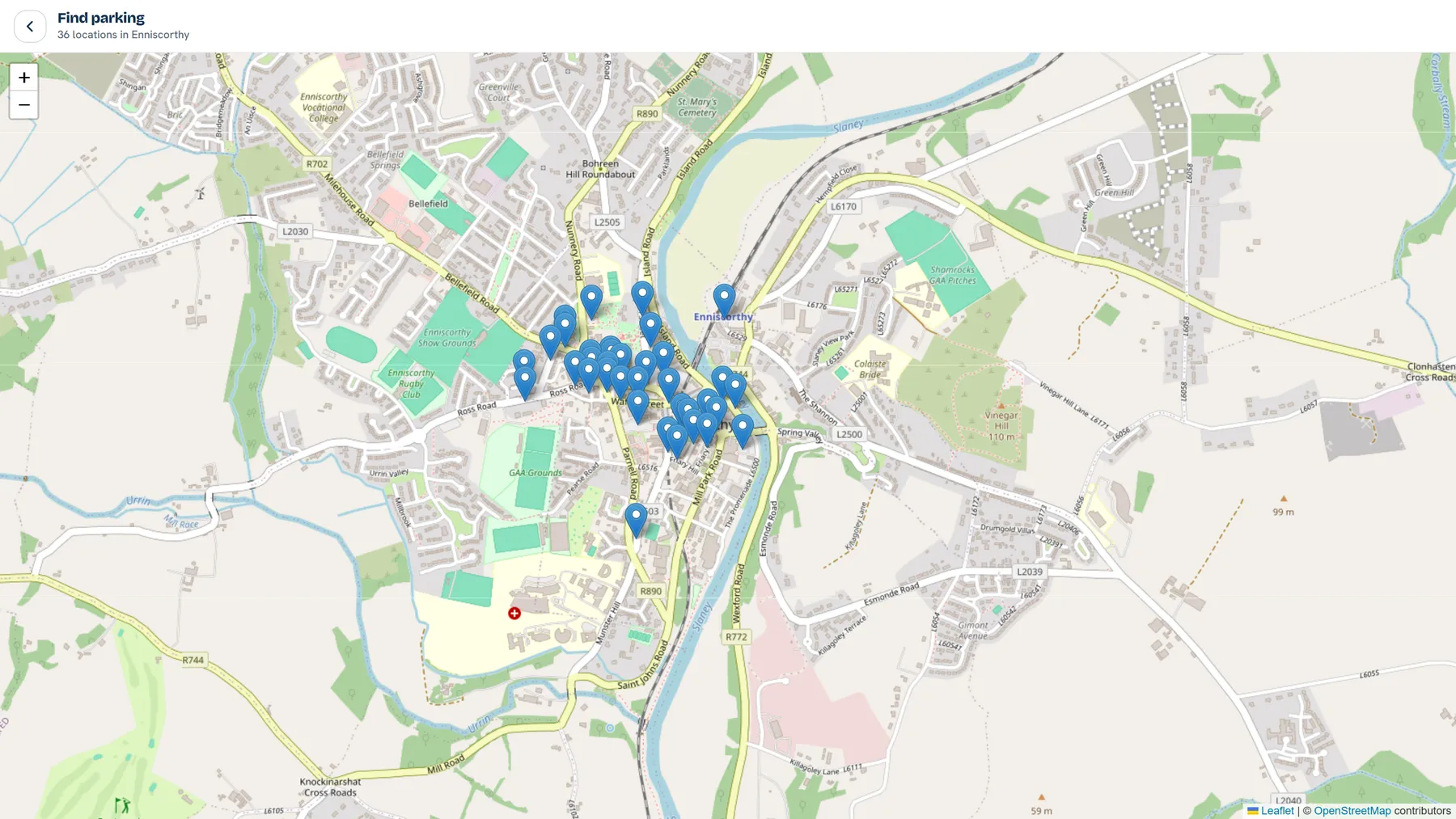 Driver app map showing the 36 pay-parking locations in Enniscorthy